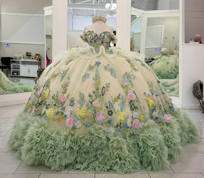 Luxury Tulle 3D Flower Green Quinceanera Dresses Sweet 16 Birthday Party Dresses with Ruffled HE1052