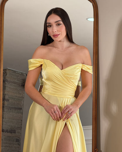 A Line Satin Corset Prom Dresses Long Off Shoulder Evening Formal Dress with Slit HE1033