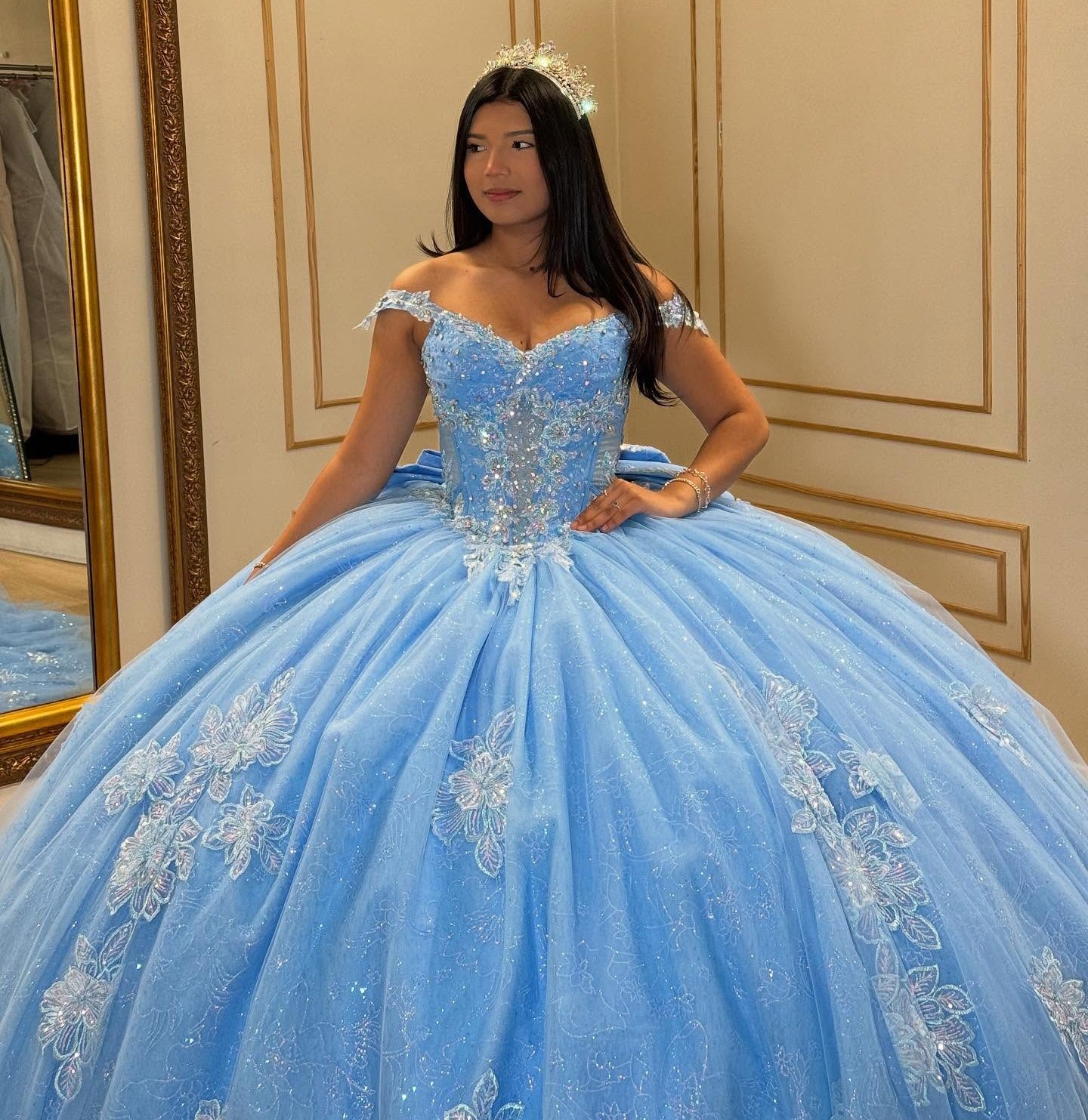 Off Shoulder Glittery Tulle Appliqued Blue Quinceanera Dresses for Sweet 16 HE1069