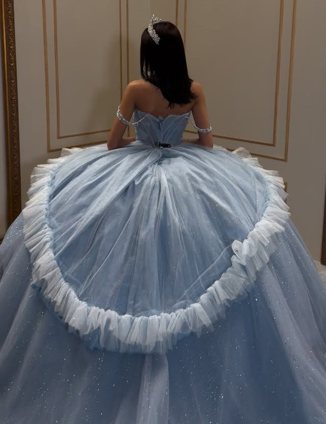 Off Shoulder Tulle Ruffles Blue Quinceanera Dresses Sweet 16 Princess Birthday Gowns HE1067