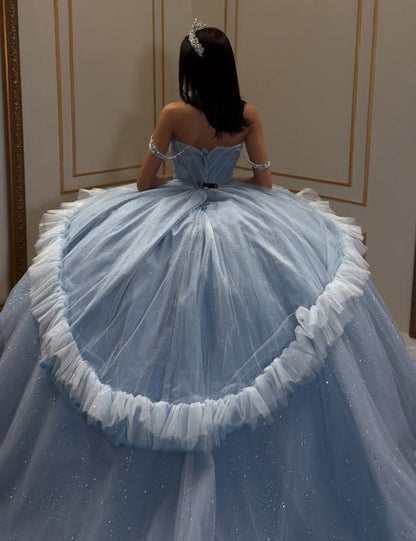 Off Shoulder Tulle Ruffles Blue Quinceanera Dresses Sweet 16 Princess Birthday Gowns HE1067