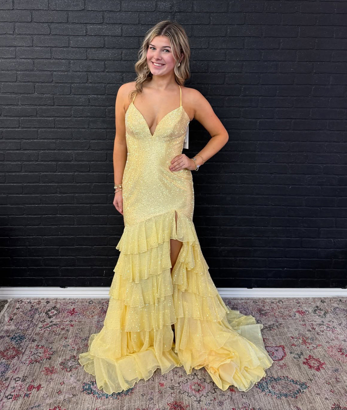 Women's Glittery Sequin Beaded Mermaid Prom Dresses Long V Neck Party Gowns with Ruffles HE1037