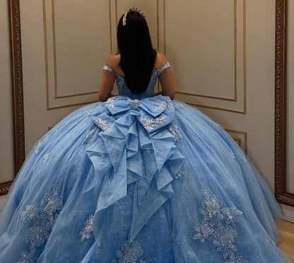 Off Shoulder Glittery Tulle Appliqued Blue Quinceanera Dresses for Sweet 16 HE1069