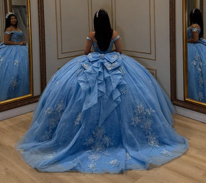 Off Shoulder Glittery Tulle Appliqued Blue Quinceanera Dresses for Sweet 16 HE1069
