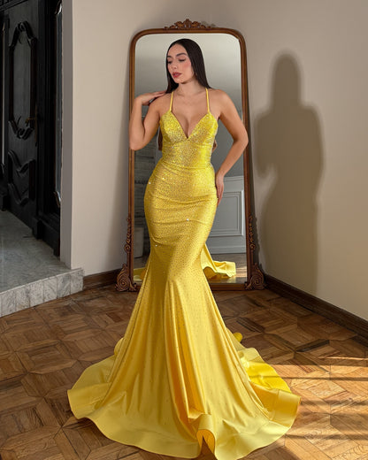 Vestido de noche largo de sirena con un hombro descubierto y lentejuelas brillantes, HE370