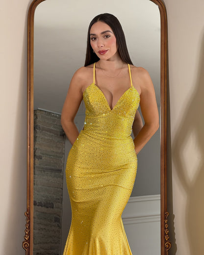 Vestido de noche largo de sirena con un hombro descubierto y lentejuelas brillantes, HE370