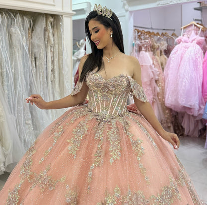 Ball Gown Off Shoulder Quinceanera Dresses Tulle Appliqued Sweet 16 Party Gowns with Bow HE1071