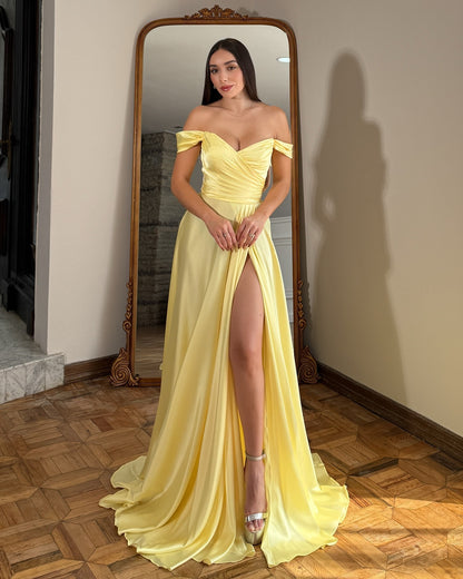 A Line Satin Corset Prom Dresses Long Off Shoulder Evening Formal Dress with Slit HE1033