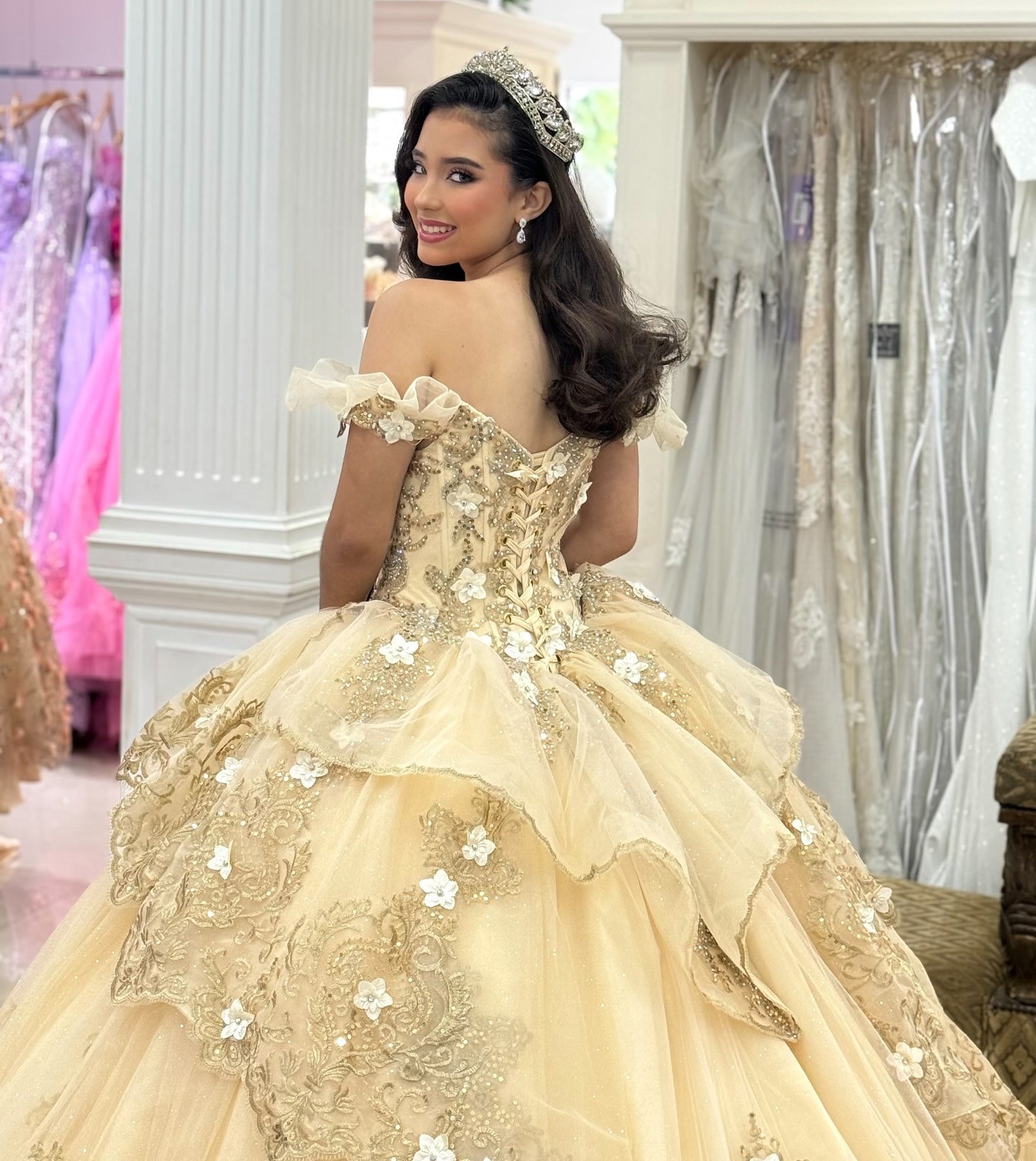 Princess Ball Gown Tulle 3D Flower Quinceanera Dresses Gold Sweet 16 Party Gowns HE1072