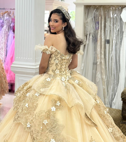 Princess Ball Gown Tulle 3D Flower Quinceanera Dresses Gold Sweet 16 Party Gowns HE1072