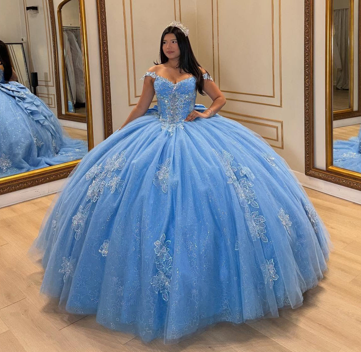 Off Shoulder Glittery Tulle Appliqued Blue Quinceanera Dresses for Sweet 16 HE1069