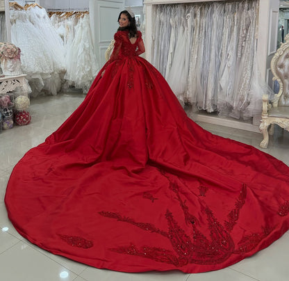 Long Sleeves Tulle Lace Sweet 16 Red Quinceanera Dresses Princess Birthday Party Gowns HE1077