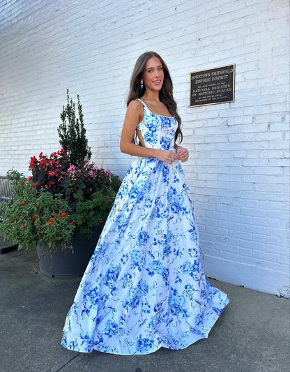 A Line Satin Floral Print Prom Dresses Long Plus Size Evening Party Gowns for Women HE1087