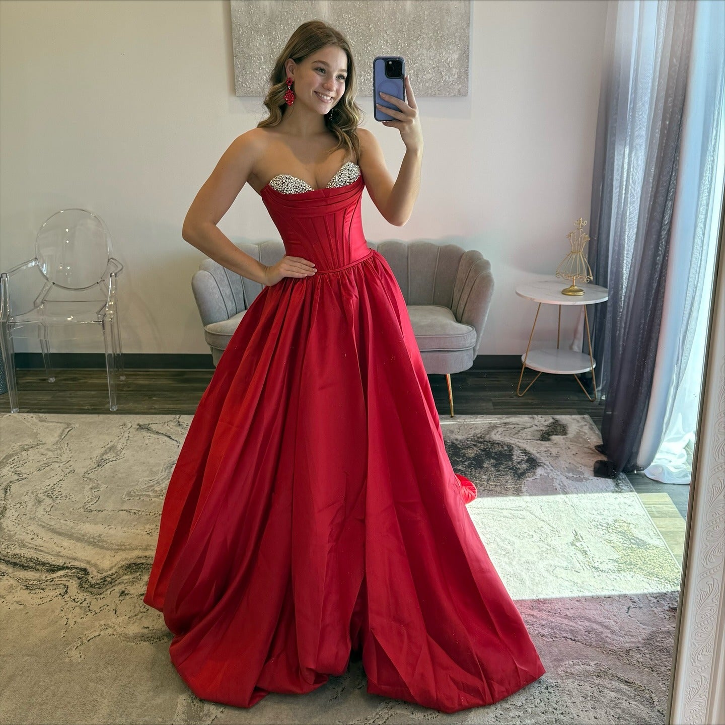 red prom dresses strapless Sweetheart Corset Satin Beaded Prom Dresses Long A Line Strapless Part – Hebebridal