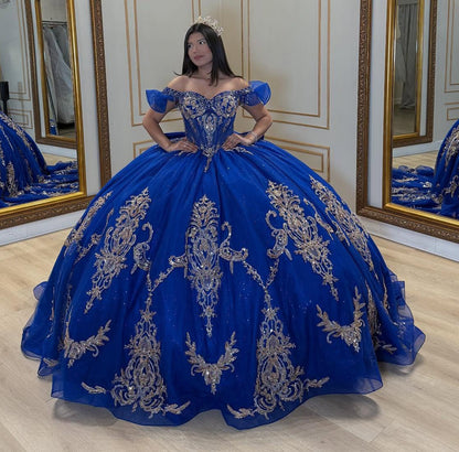 Sweet 16 Princess Blue Quinceanera Dresses Tulle Appliqued Birthday Party Gowns HE1068