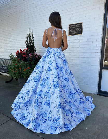 A Line Satin Floral Print Prom Dresses Long Plus Size Evening Party Gowns for Women HE1087