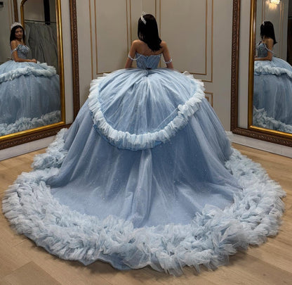 Off Shoulder Tulle Ruffles Blue Quinceanera Dresses Sweet 16 Princess Birthday Gowns HE1067