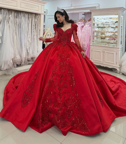Long Sleeves Tulle Lace Sweet 16 Red Quinceanera Dresses Princess Birthday Party Gowns HE1077
