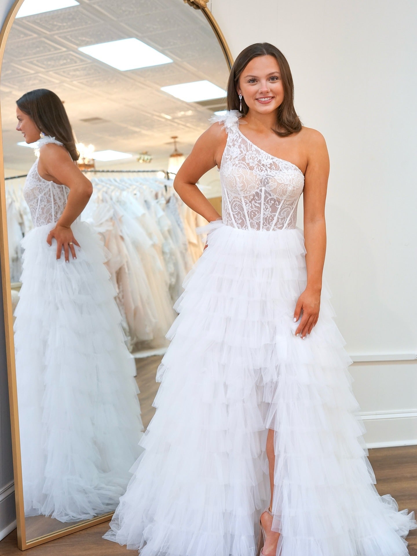 Women's One Shoulder Tulle Ruffled Prom Dresses Corset Lace Evening Party Gowns HE1093