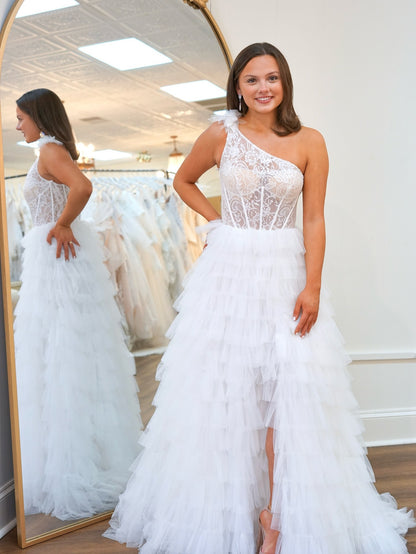 Women's One Shoulder Tulle Ruffled Prom Dresses Corset Lace Evening Party Gowns HE1093