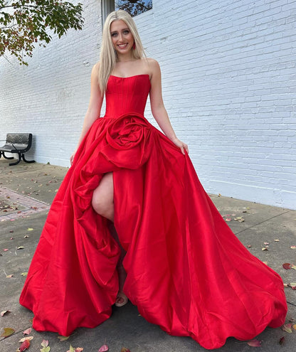 Women's A Line Satin Corset Long Prom Dresses Strapless Evening Party Gowns with Slit HE1091