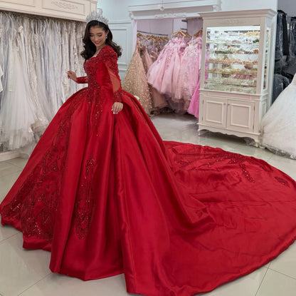 Long Sleeves Tulle Lace Sweet 16 Red Quinceanera Dresses Princess Birthday Party Gowns HE1077