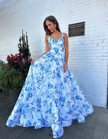 A Line Satin Floral Print Prom Dresses Long Plus Size Evening Party Gowns for Women HE1087
