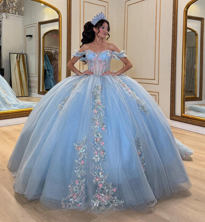 Princess Sweet 16 Quinceanera Dresses Tulle Appliqued Ball Gown Birthday Party Gowns HE1073