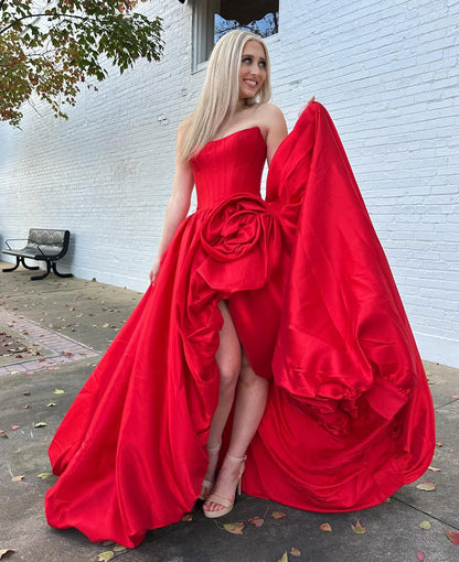 Women's A Line Satin Corset Long Prom Dresses Strapless Evening Party Gowns with Slit HE1091