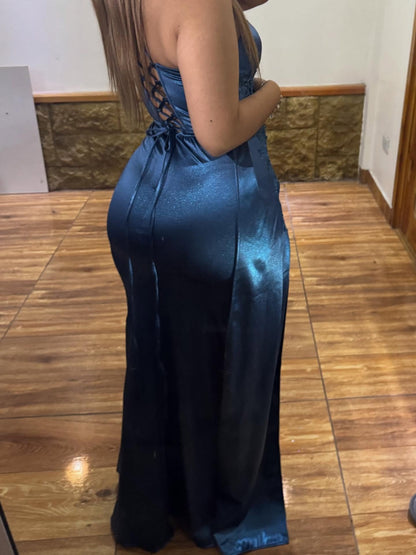 Mermaid Satin V Neck Prom Dresses Long Corset Lace Evening Party Gowns with Split HE1095
