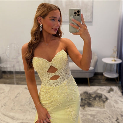 Sweetheart Tulle Lace Appliqued Long Prom Dresses Mermaid Corset Evening Gowns with Split HE1078