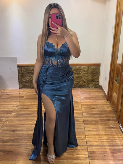 Mermaid Satin V Neck Prom Dresses Long Corset Lace Evening Party Gowns with Split HE1095