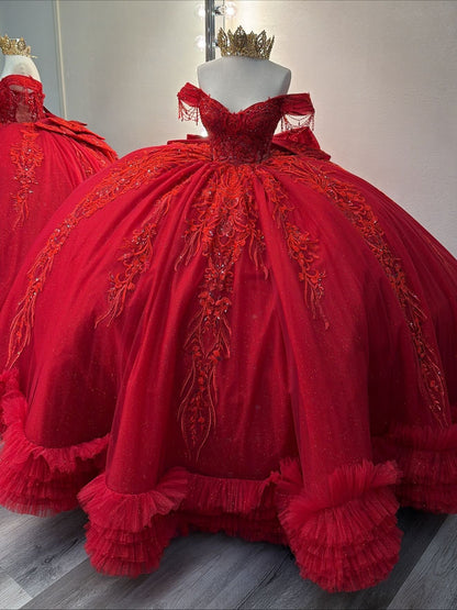 Princess Ball Gown Red Quinceanera Dresses Off Shoulder Sweet 16 Birthday Party Dresses HE1075