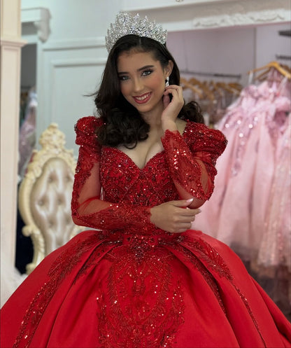 Long Sleeves Tulle Lace Sweet 16 Red Quinceanera Dresses Princess Birthday Party Gowns HE1077