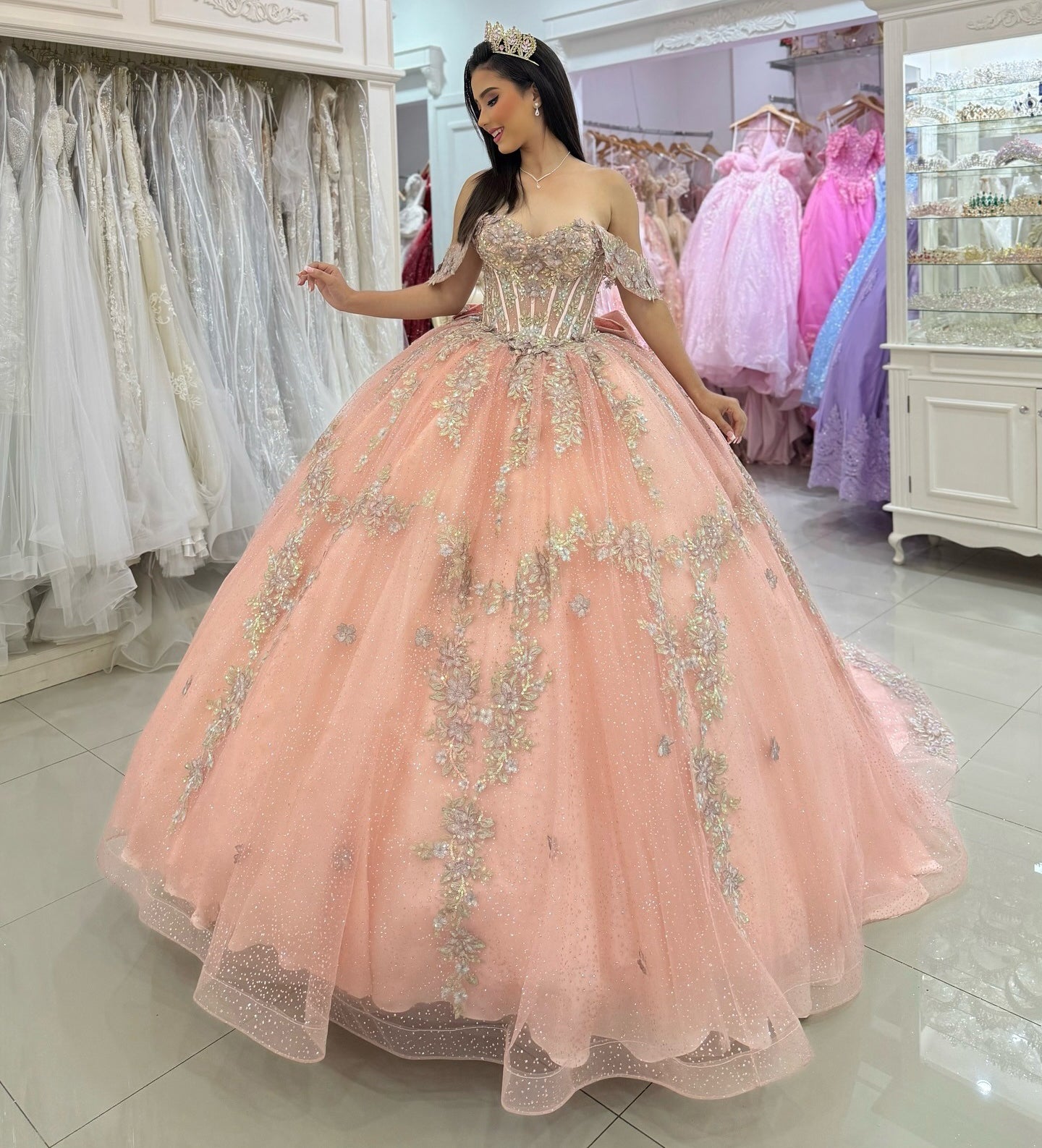 Ball Gown Off Shoulder Quinceanera Dresses Tulle Appliqued Sweet 16 Party Gowns with Bow HE1071