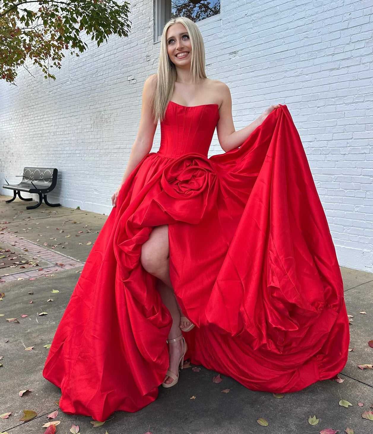 Women's A Line Satin Corset Long Prom Dresses Strapless Evening Party Gowns with Slit HE1091