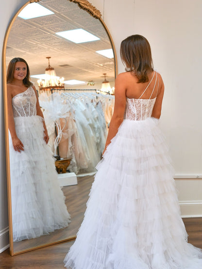 Women's One Shoulder Tulle Ruffled Prom Dresses Corset Lace Evening Party Gowns HE1093