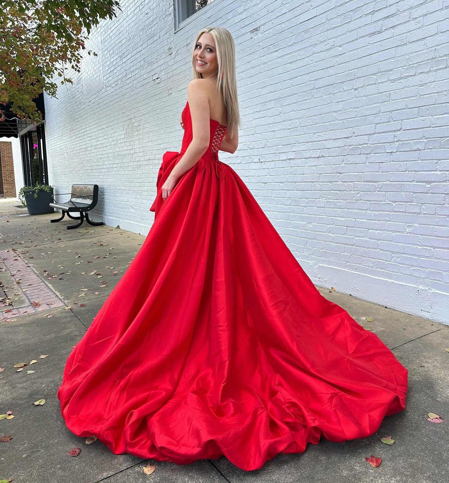 Women's A Line Satin Corset Long Prom Dresses Strapless Evening Party Gowns with Slit HE1091