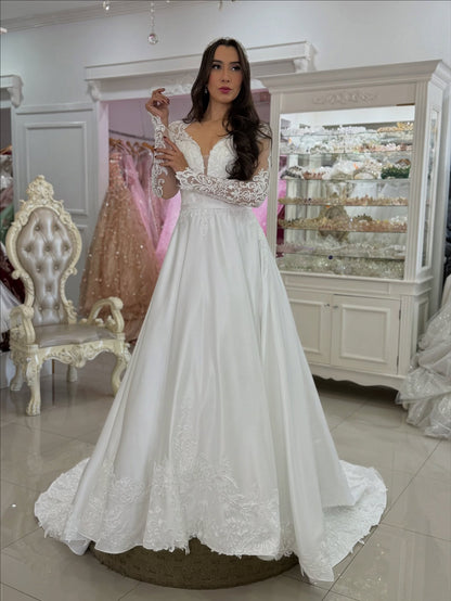Long Sleeves A Line Satin Wedding Dresses V Neck Appliqued Wedding Gowns for Bride HE1103