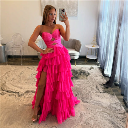 Sweetheart A Line Chiffon Ruffled Prom Dresses Strapless Keyhole Evening Gowns for Women HE1098