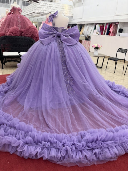 Princess Tulle Ruffled Lilac Quinceanera Dresses Lace Beaded Birthday Party Gowns HE1217