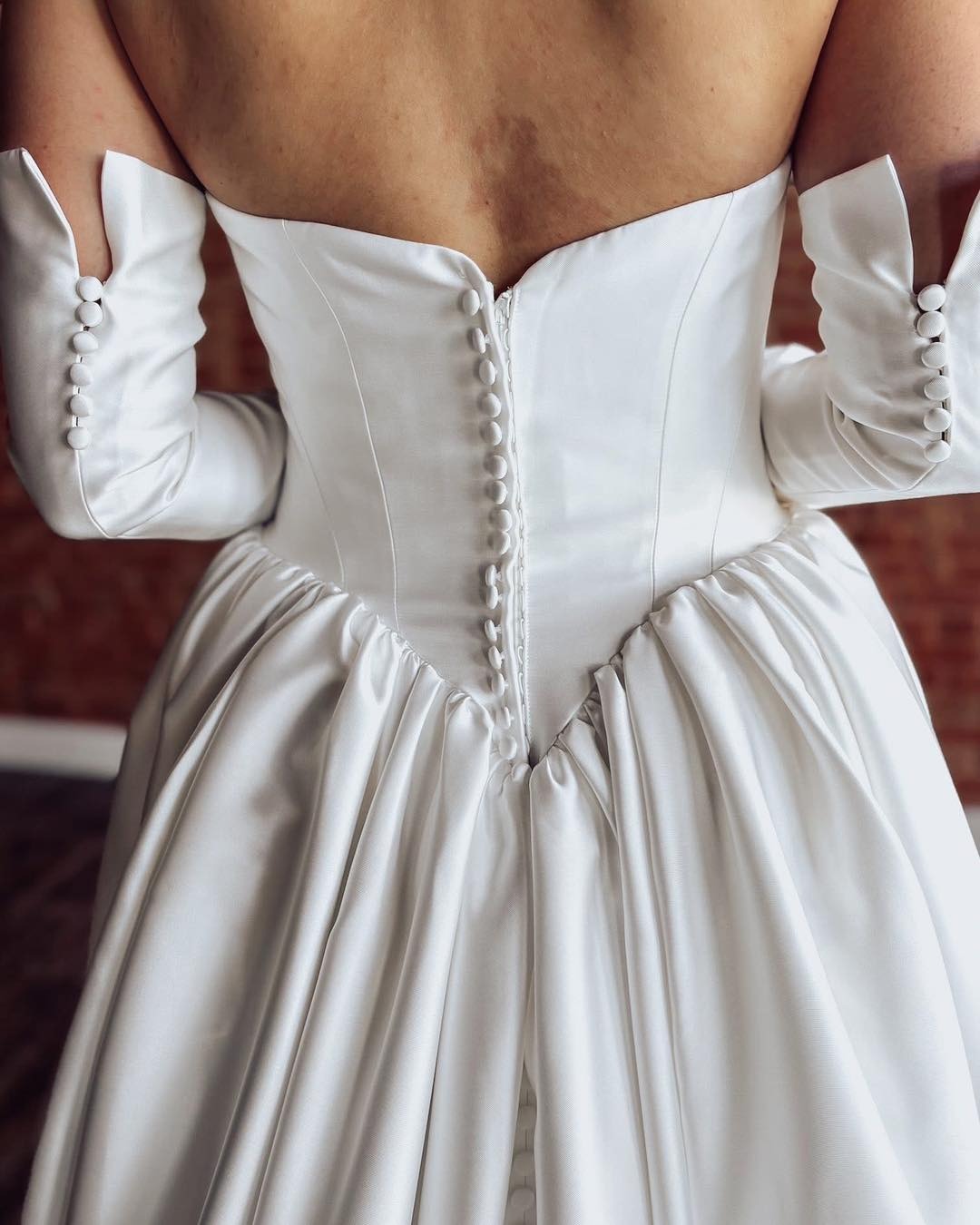 Women's A Line Satin Corset Wedding Dresses Strapless Wedding Gowns with Long Sleeves HE1105