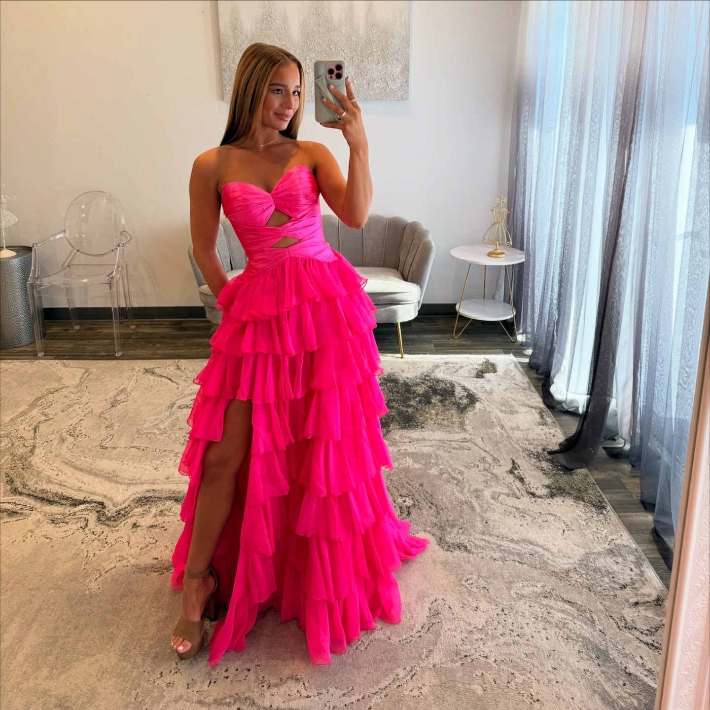 Sweetheart A Line Chiffon Ruffled Prom Dresses Strapless Keyhole Evening Gowns for Women HE1098