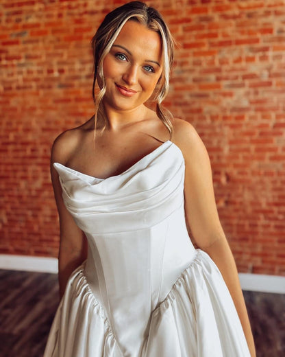 Women's A Line Satin Corset Wedding Dresses Strapless Wedding Gowns with Long Sleeves HE1105