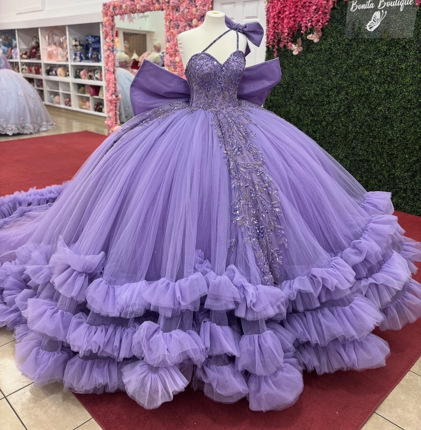 Princess Tulle Ruffled Lilac Quinceanera Dresses Lace Beaded Birthday Party Gowns HE1217