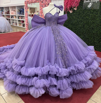 Princess Tulle Ruffled Lilac Quinceanera Dresses Lace Beaded Birthday Party Gowns HE1217