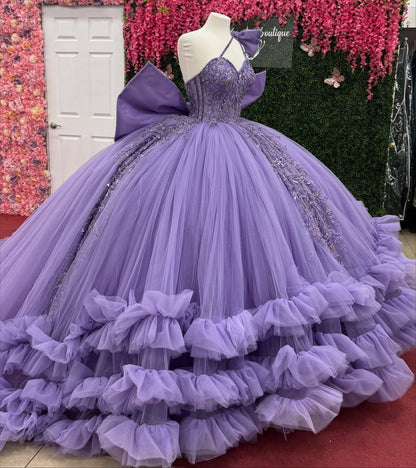 Princess Tulle Ruffled Lilac Quinceanera Dresses Lace Beaded Birthday Party Gowns HE1217