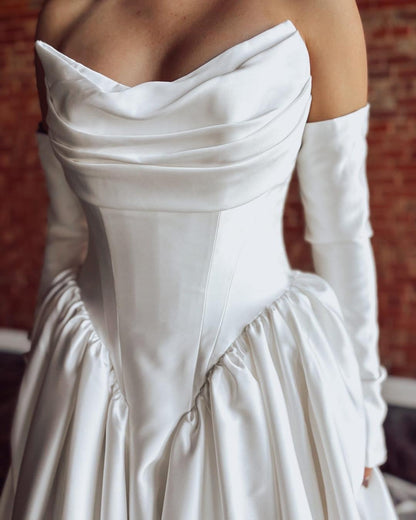 Women's A Line Satin Corset Wedding Dresses Strapless Wedding Gowns with Long Sleeves HE1105