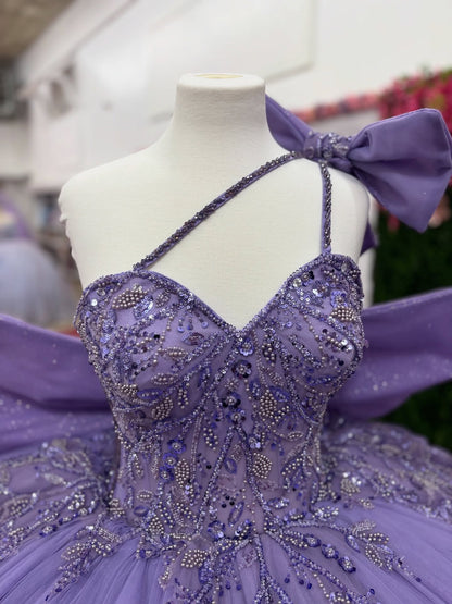 Princess Tulle Ruffled Lilac Quinceanera Dresses Lace Beaded Birthday Party Gowns HE1217