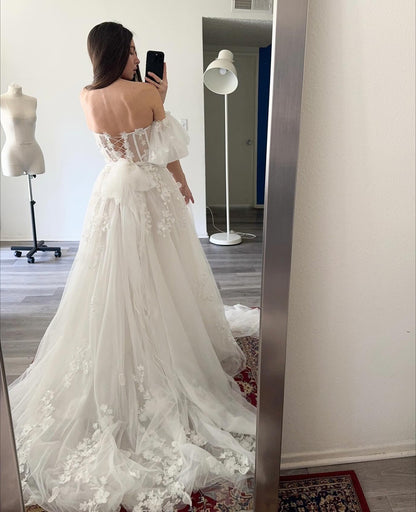 Tulle Lace Appliqued Beach Wedding Dresses A Line Sweetheart Boho Wedding Gowns HE1106